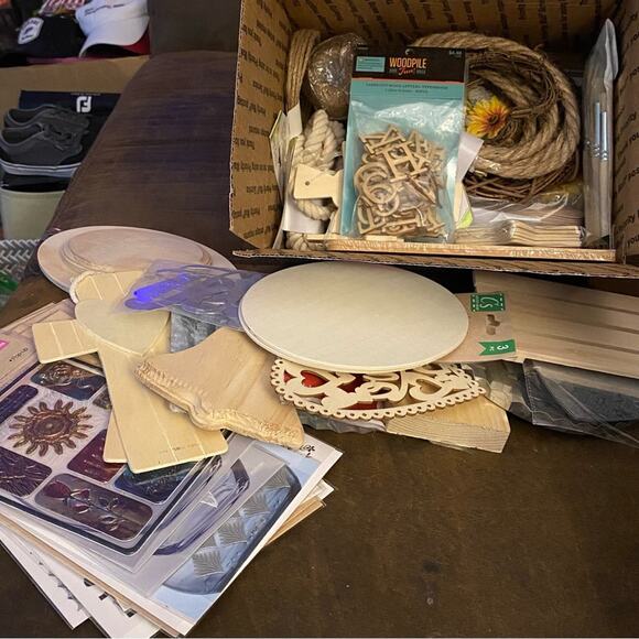 Mystery Craft Box 11x8.5x6 full Variety Wood rounds, stickers napkins, twine - Picture 1 of 6
